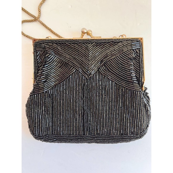 MAGID Women's VINTAGE Black Bead Snap Top Handmade Chain Strap Evening Bag sz OS - Picture 4 of 6